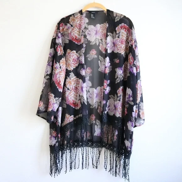 Forever 21 Tops Forever Black Floral Sheer Fringe Open